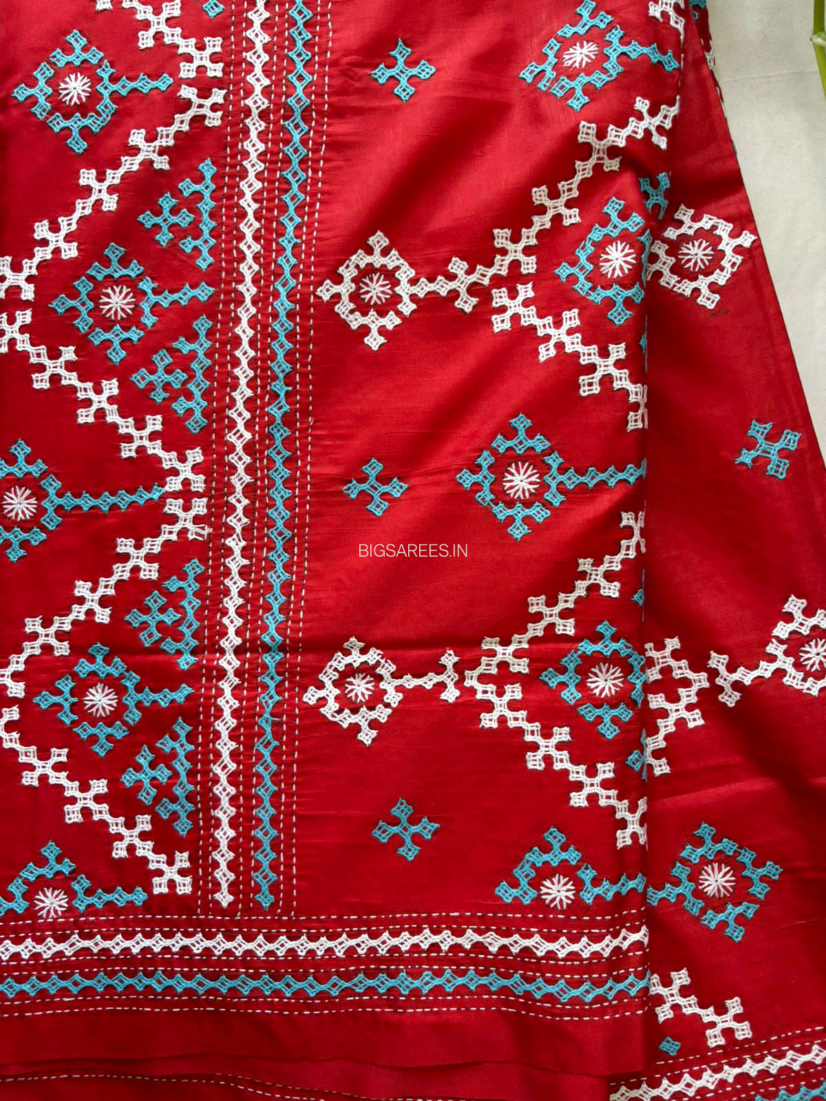 Kutchi/Gujarati Hand Embroidered Saree  | Blended Bangalore Silk / Art Silk | Red