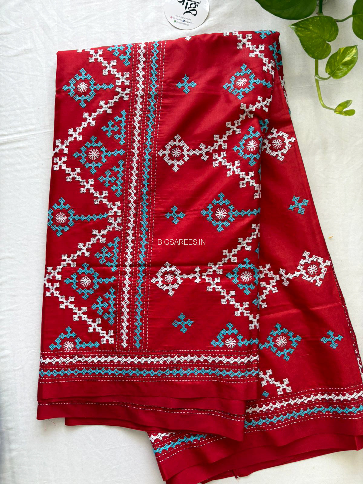 Kutchi/Gujarati Hand Embroidered Saree  | Blended Bangalore Silk / Art Silk | Red