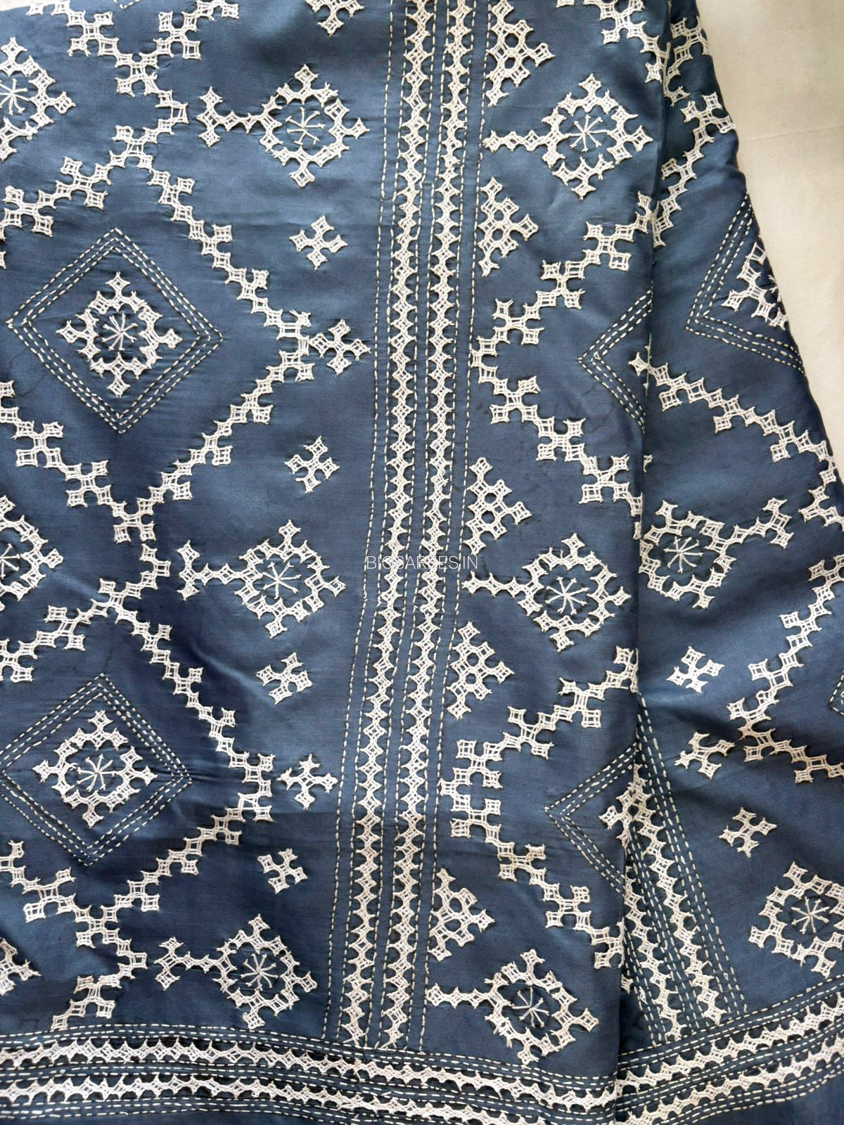 Kutchi/Gujarati Hand Embroidered Saree  | Blended Bangalore Silk / Art Silk | Blue Jay