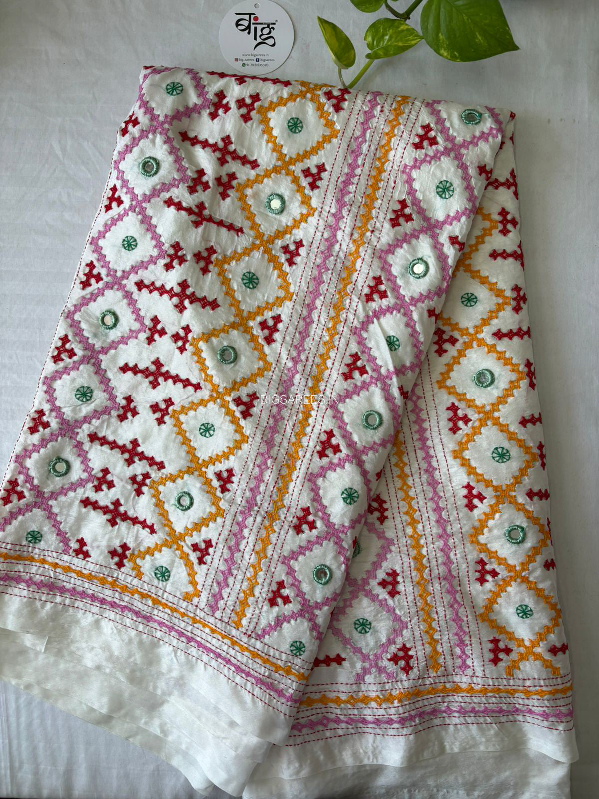 Kutchi/Gujarati Stitch Hand Embroidered Saree | Art Silk | Real Mirror Work | White