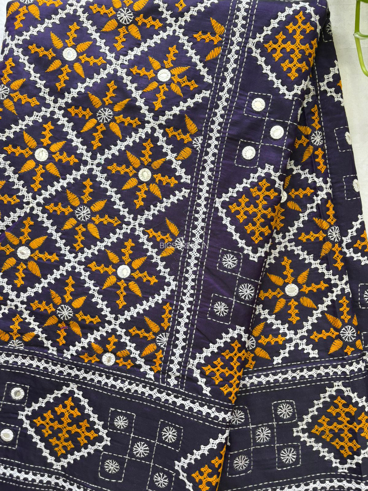 Kutchi/Gujarati Stitch Hand Embroidered Saree | Art Silk | Foil Mirror | Purple