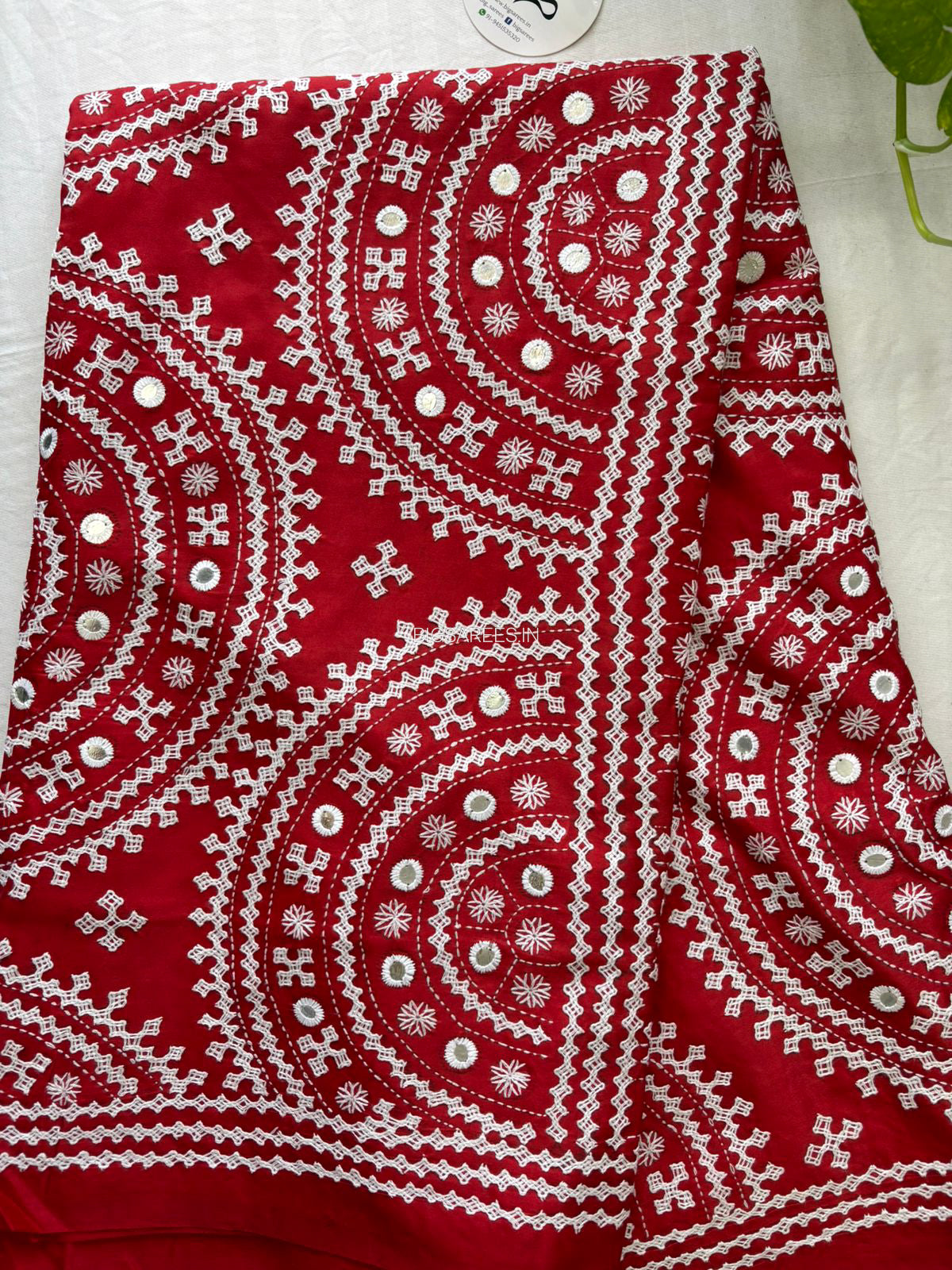 Kutchi/Gujarati Stitch Hand Embroidered Saree | Art Silk | Foil Mirror | Red