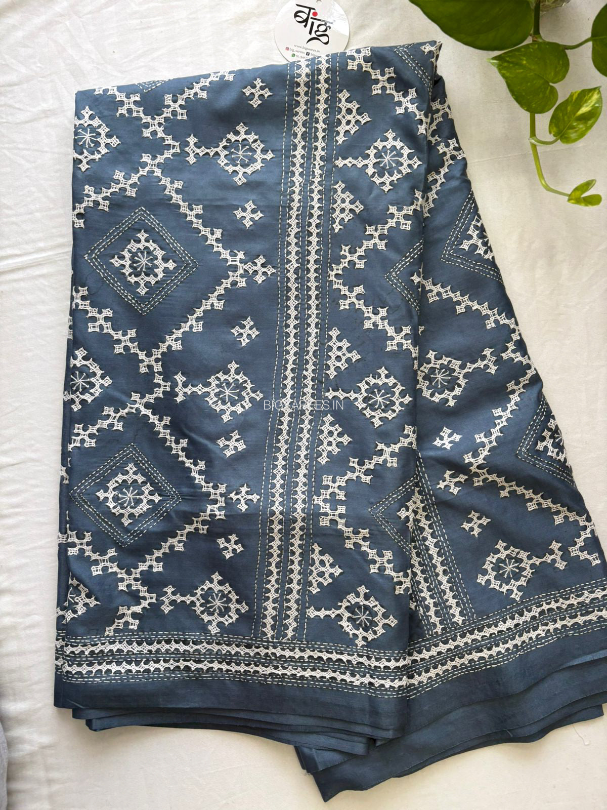 Kutchi/Gujarati Hand Embroidered Saree  | Blended Bangalore Silk / Art Silk | Blue Jay