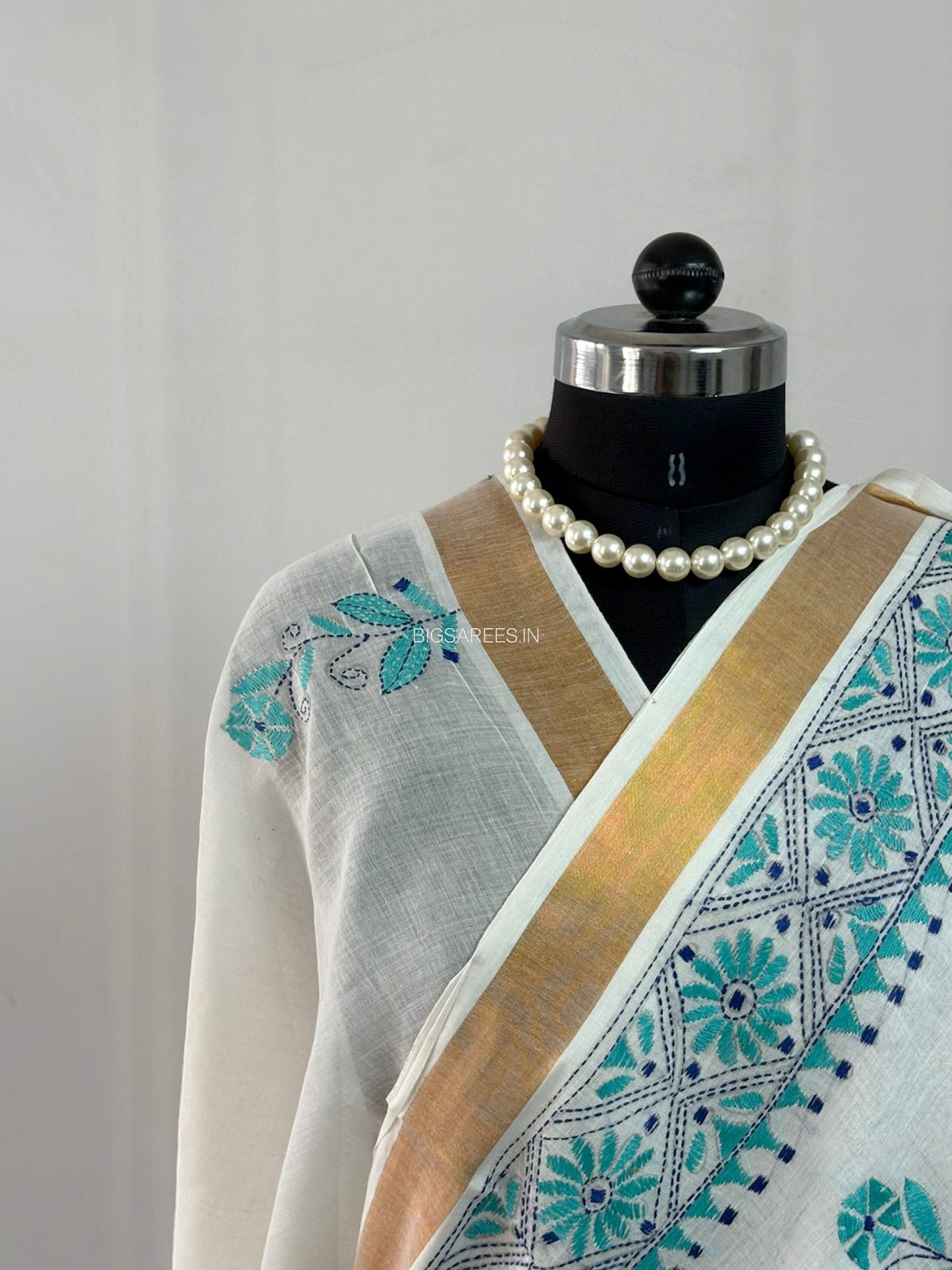 Kantha Stitch Hand Embroidered Saree | South Cotton |  White