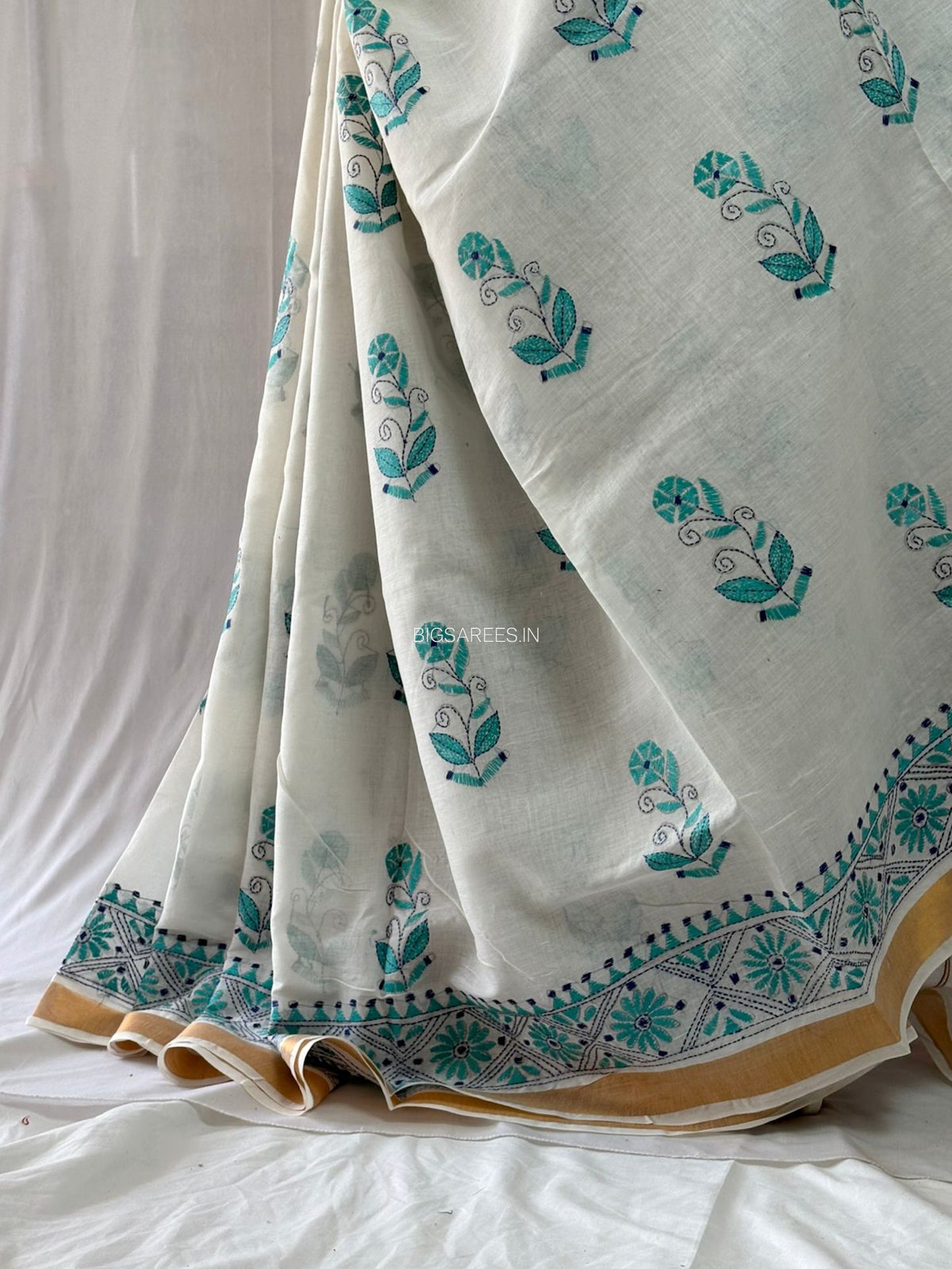 Kantha Stitch Hand Embroidered Saree | South Cotton |  White