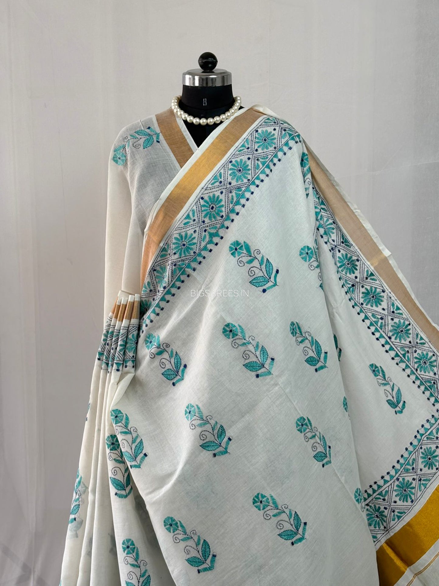 Kantha Stitch Hand Embroidered Saree | South Cotton |  White