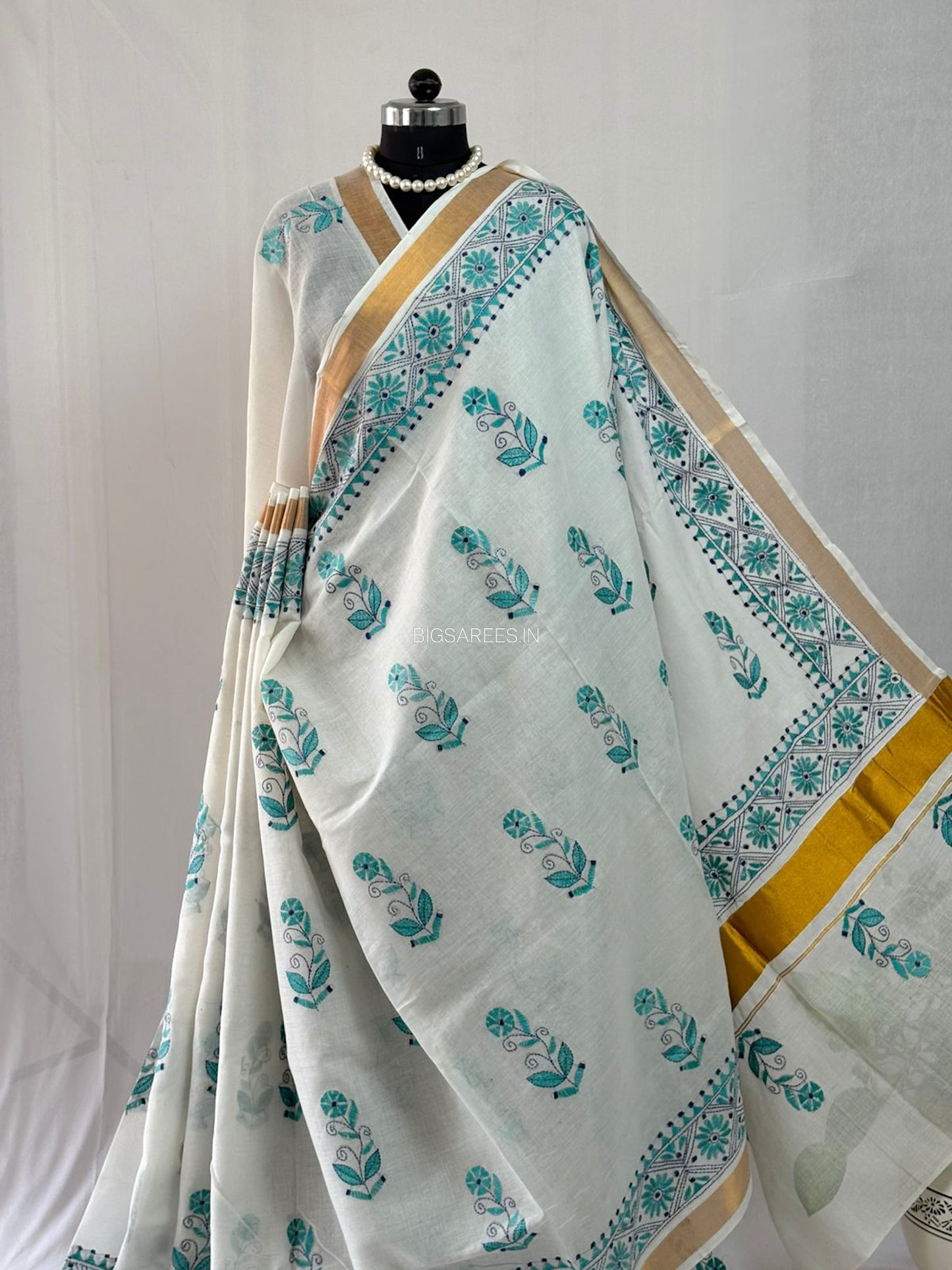 Kantha Stitch Hand Embroidered Saree | South Cotton |  White