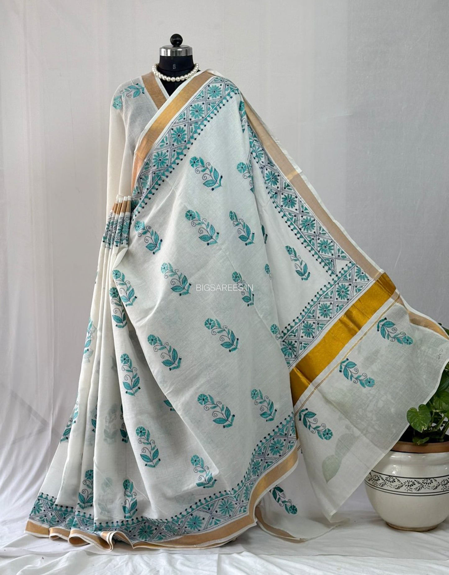 Kantha Stitch Hand Embroidered Saree | South Cotton |  White