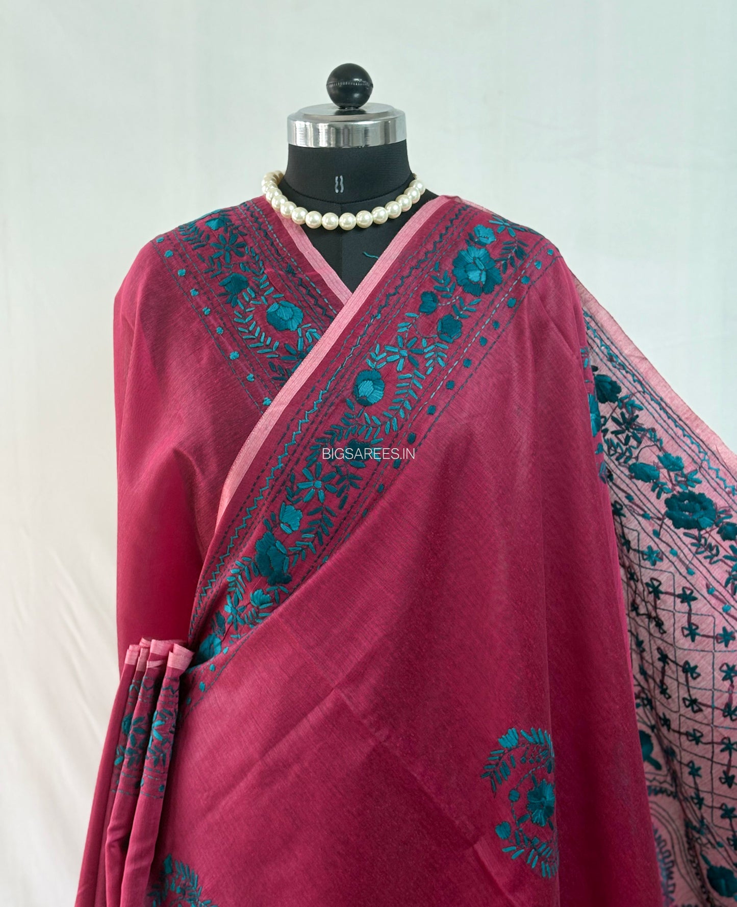 Phulkari Hand-Embroidered Saree | Chanderi Silk | Maroon