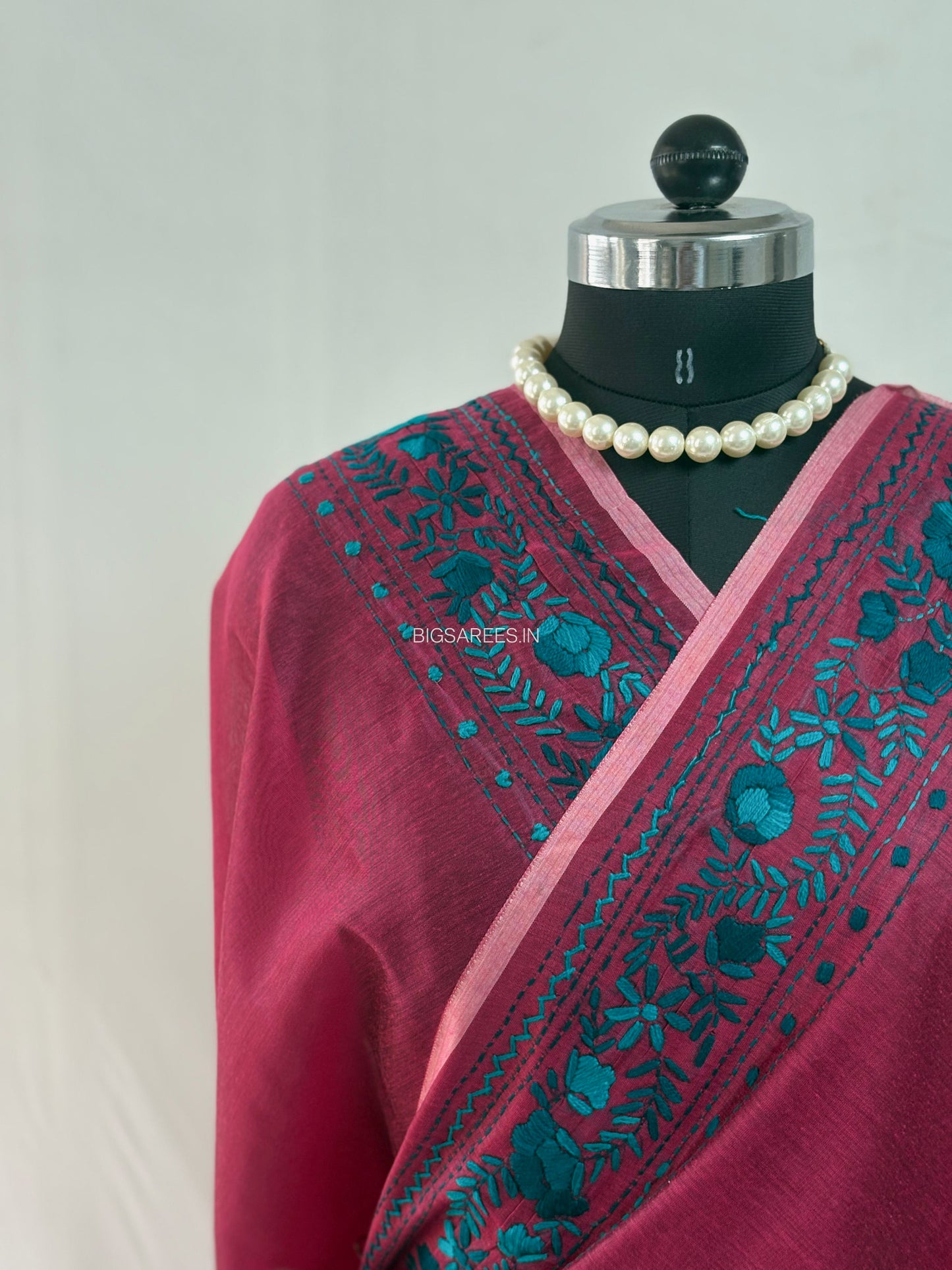 Phulkari Hand-Embroidered Saree | Chanderi Silk | Maroon