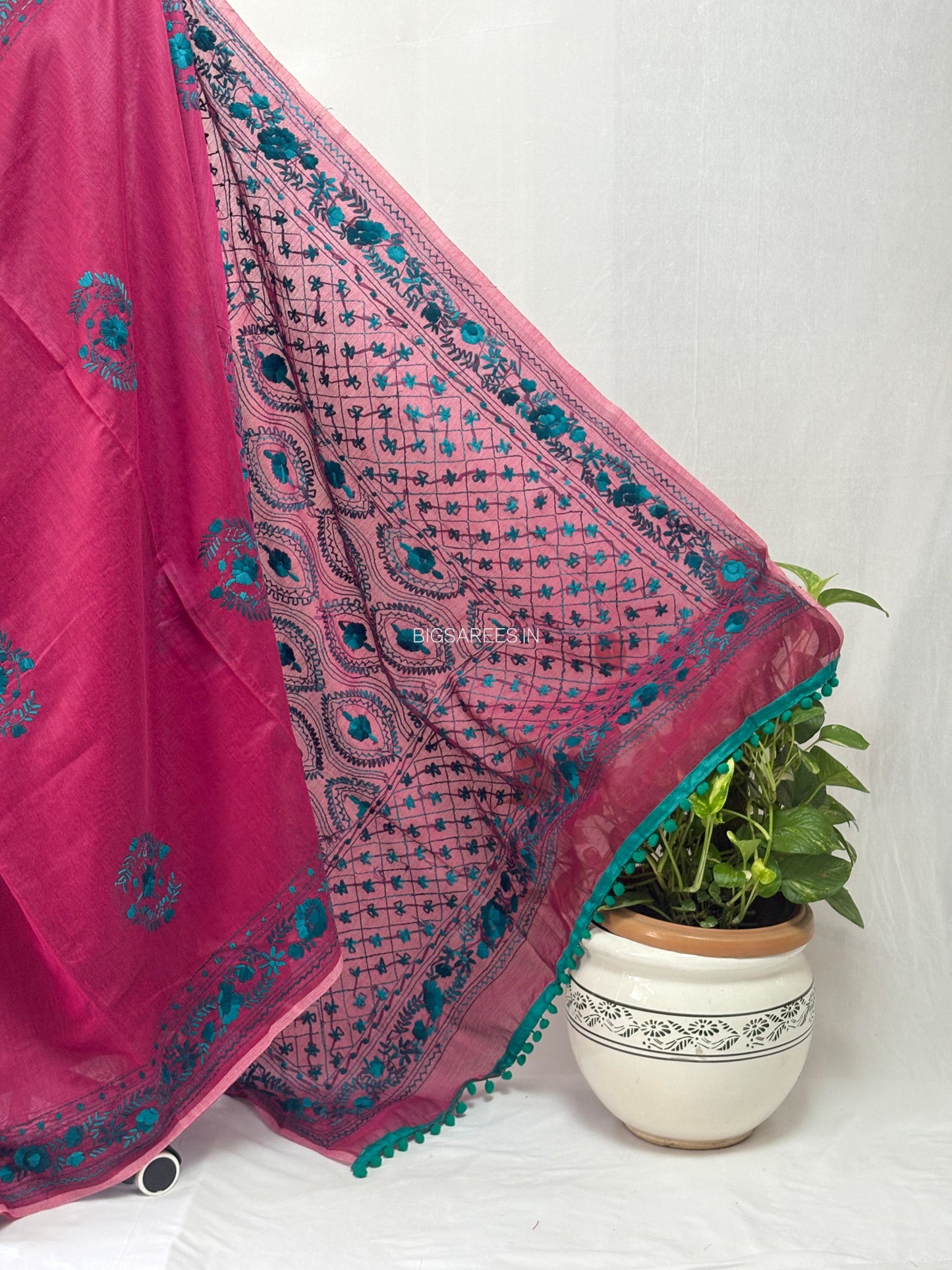 Phulkari Hand-Embroidered Saree | Chanderi Silk | Maroon