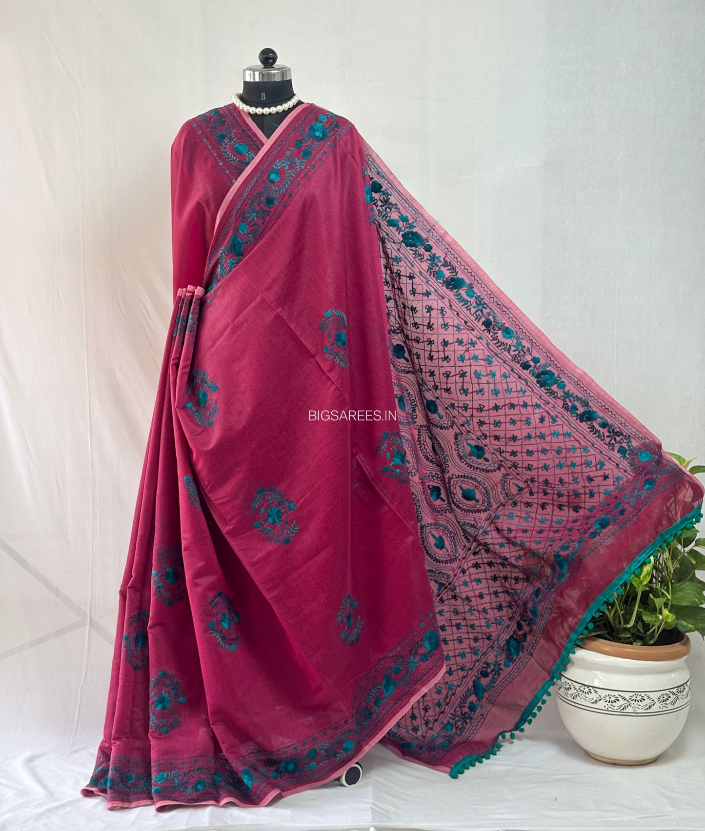 Phulkari Hand-Embroidered Saree | Chanderi Silk | Maroon