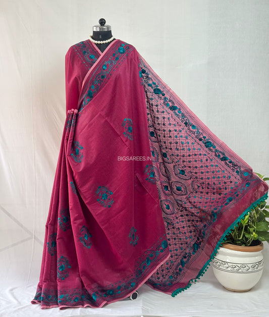 Phulkari Hand-Embroidered Saree | Chanderi Silk | Maroon