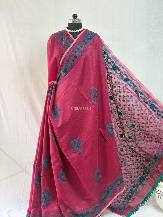 Phulkari Hand-Embroidered Saree | Chanderi Silk | Maroon