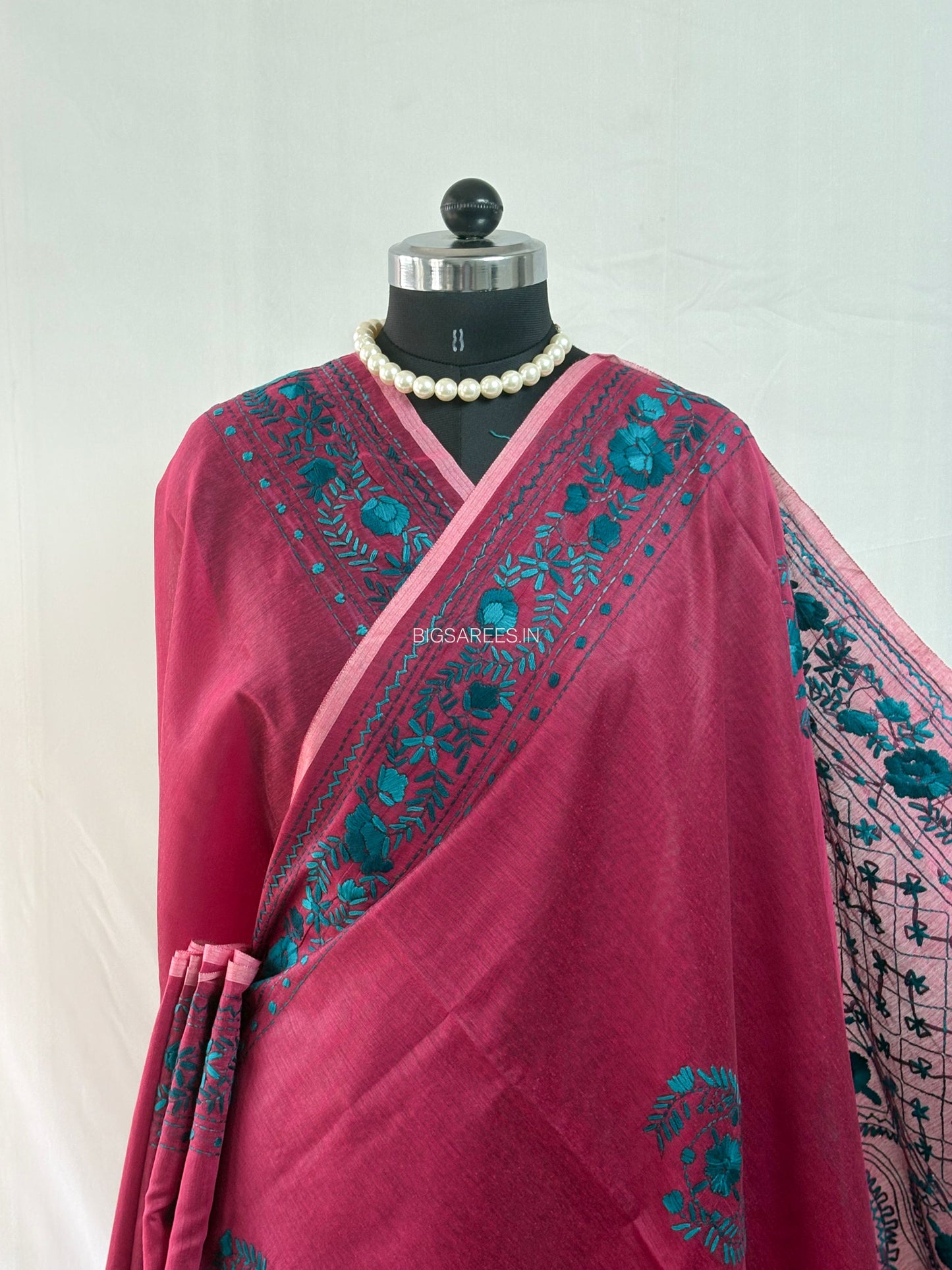 Phulkari Hand-Embroidered Saree | Chanderi Silk | Maroon
