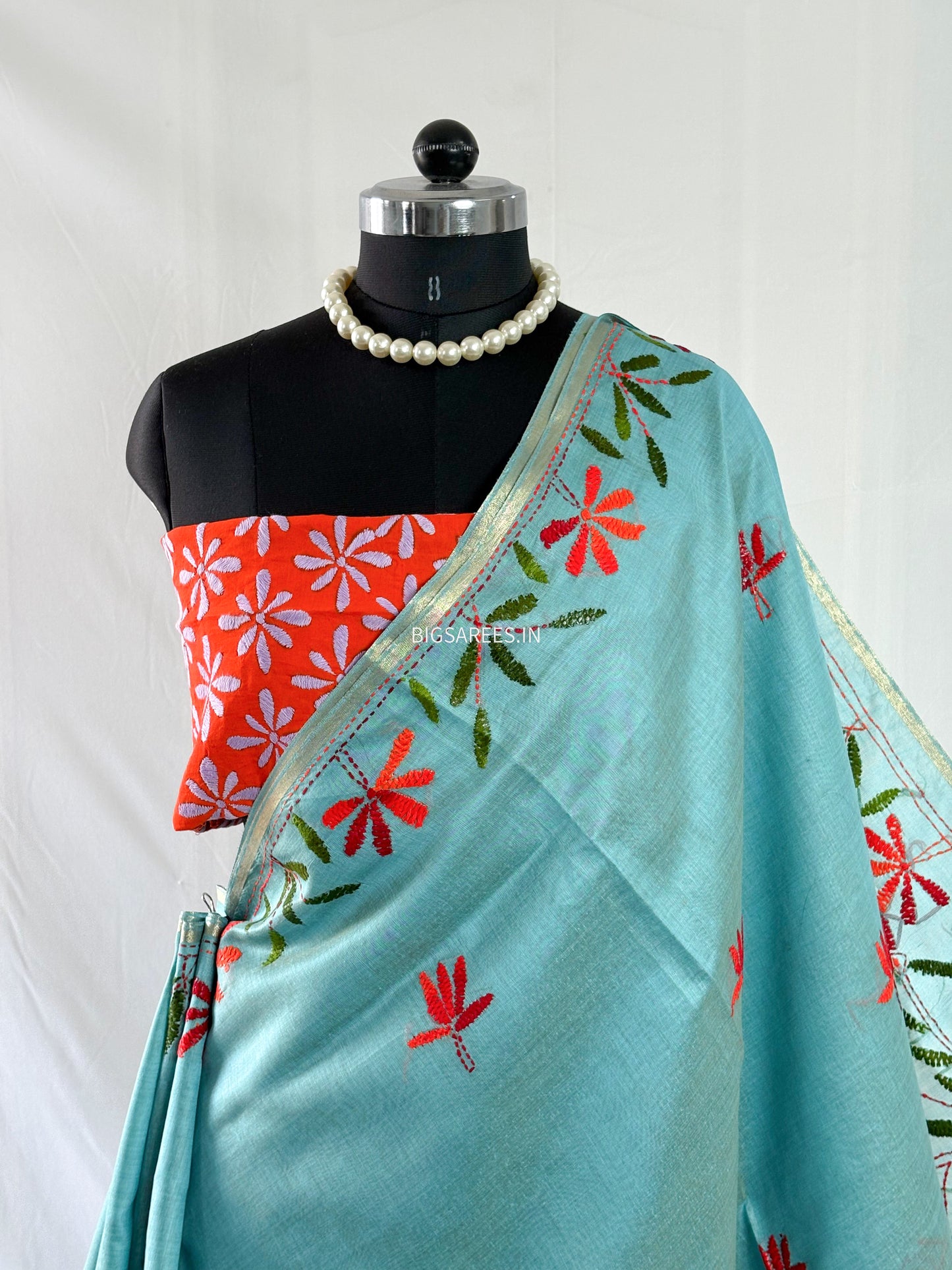 Kantha Stitch Semi Tussar with Blouse | Hand-Embroidered | Teal