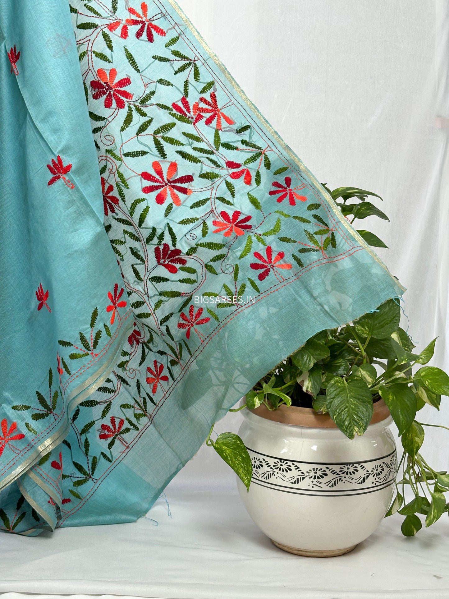 Kantha Stitch Semi Tussar with Blouse | Hand-Embroidered | Teal