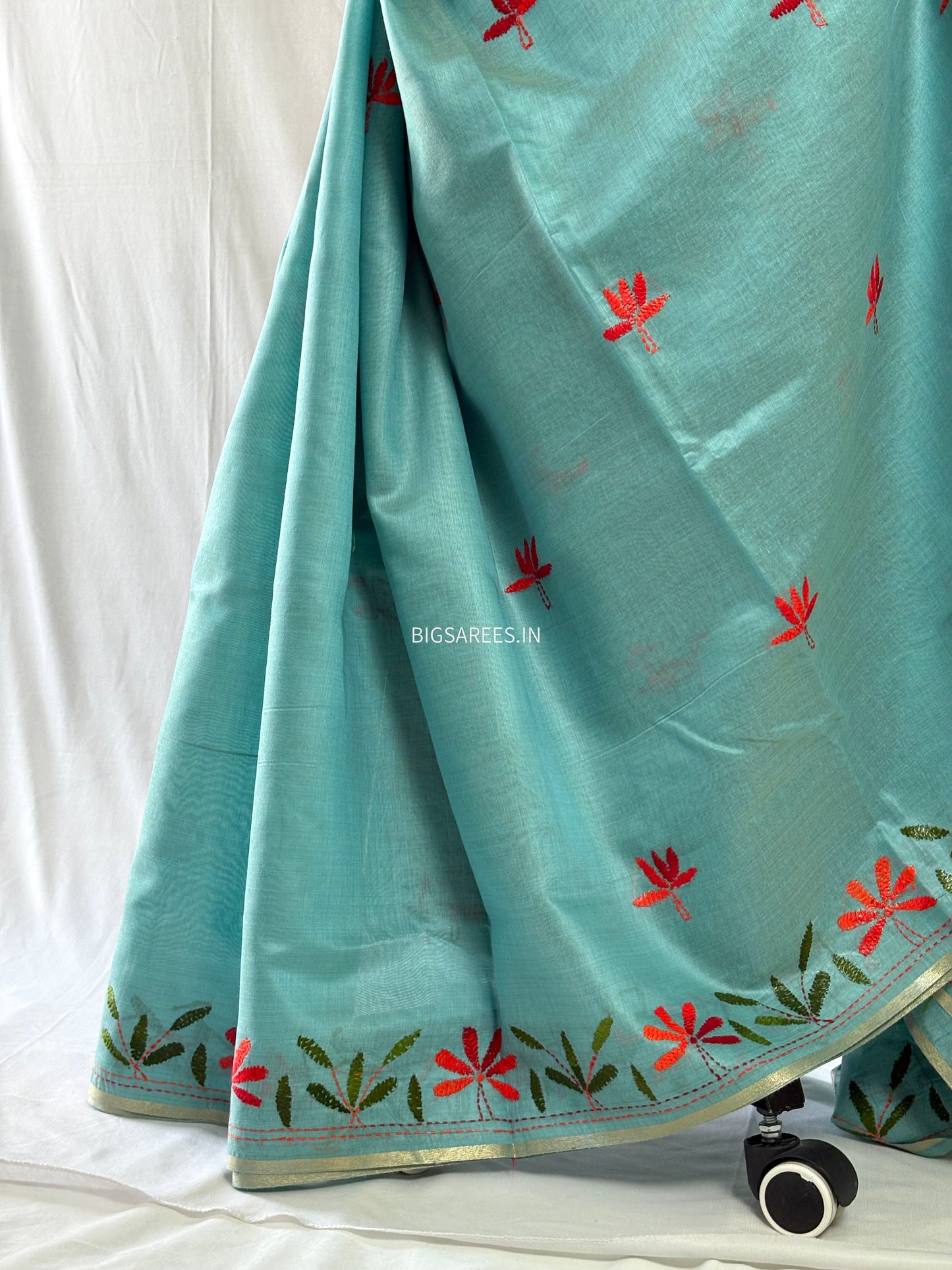 Kantha Stitch Semi Tussar with Blouse | Hand-Embroidered | Teal