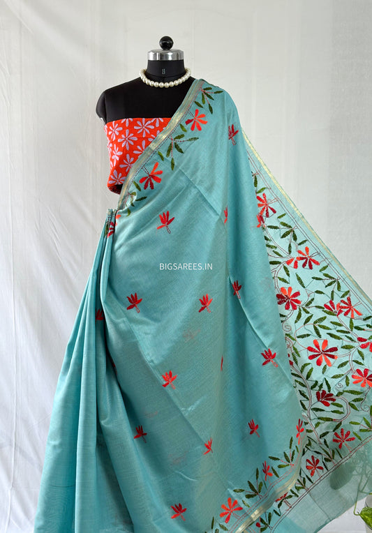 Kantha Stitch Semi Tussar with Blouse | Hand-Embroidered | Teal