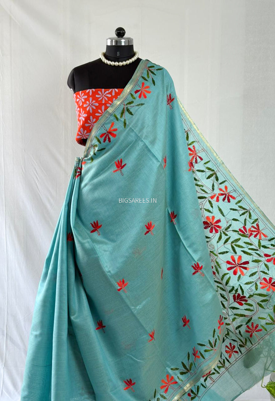 Kantha Stitch Semi Tussar with Blouse | Hand-Embroidered | Teal