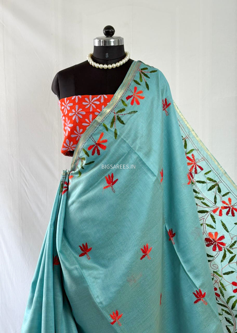 Kantha Stitch Semi Tussar with Blouse | Hand-Embroidered | Teal