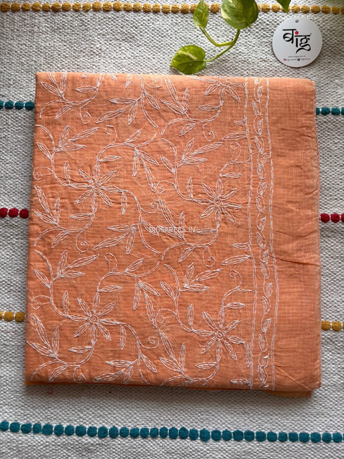 Chikankari Hand-Embroidered Saree | Kota Cotton | Peach