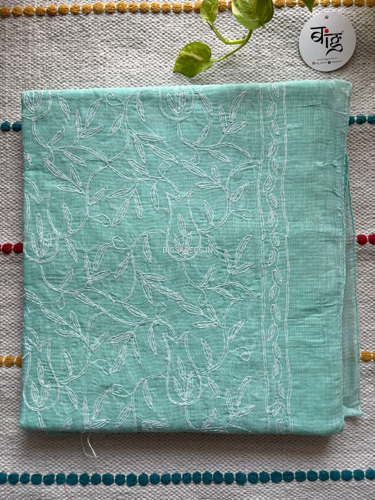 Chikankari Hand-Embroidered Saree | Kota Cotton | Light Sea Green