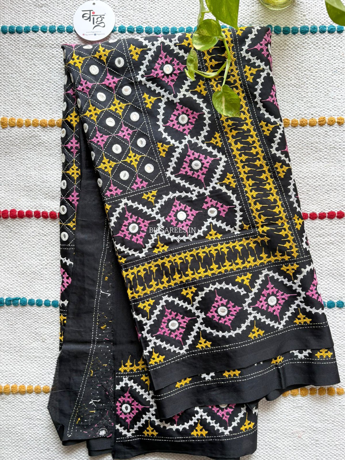 Kutchi/Gujarati Stitch Hand Embroidered Saree | Art Silk | Foil Mirror | Black