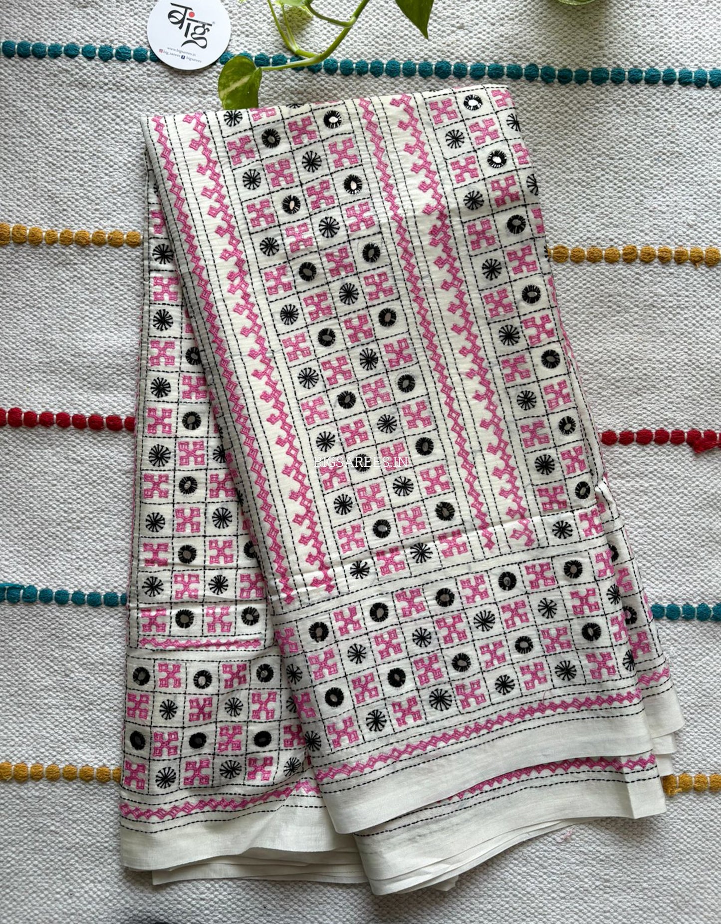 Kutchi/Gujarati Stitch Hand Embroidered Saree | Art Silk | Foil Mirror | White