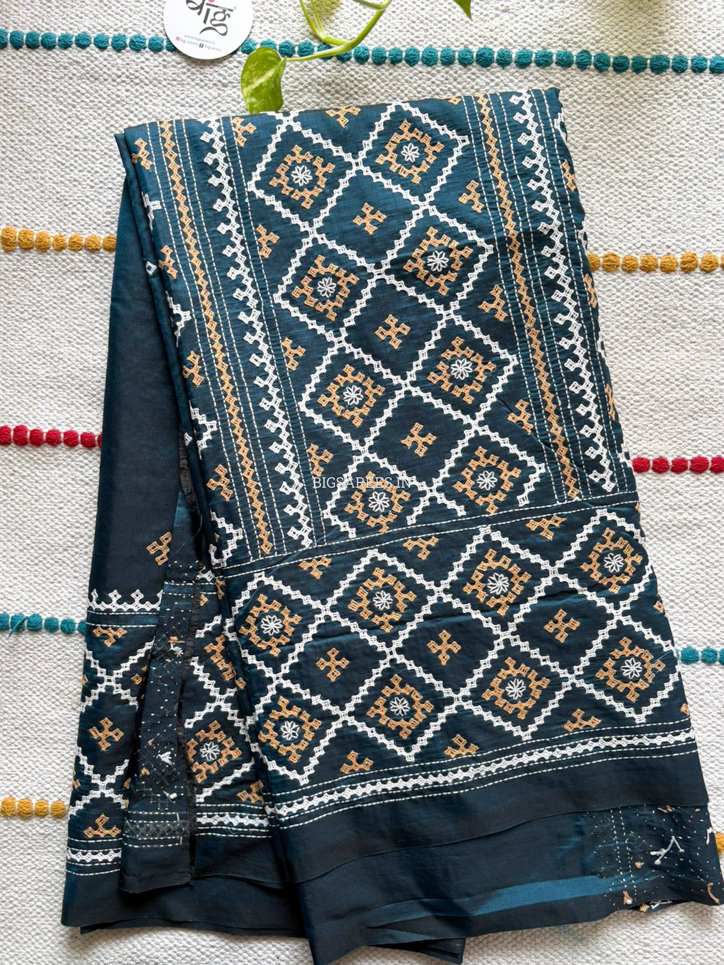 Kutchi/Gujarati Hand Embroidered Saree  | Blended Bangalore Silk / Art Silk | Peacock Blue