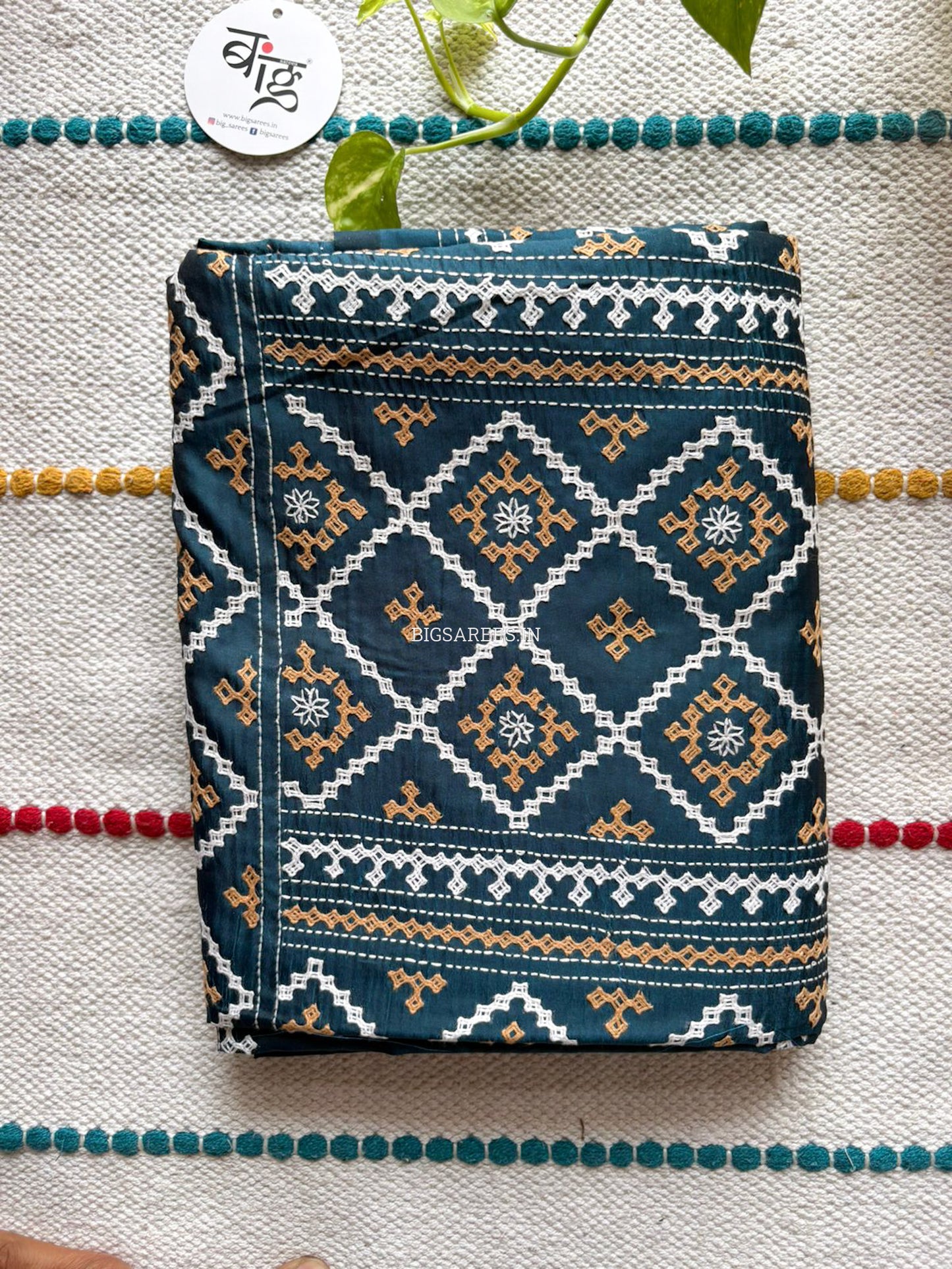 Kutchi/Gujarati Hand Embroidered Saree  | Blended Bangalore Silk / Art Silk | Peacock Blue