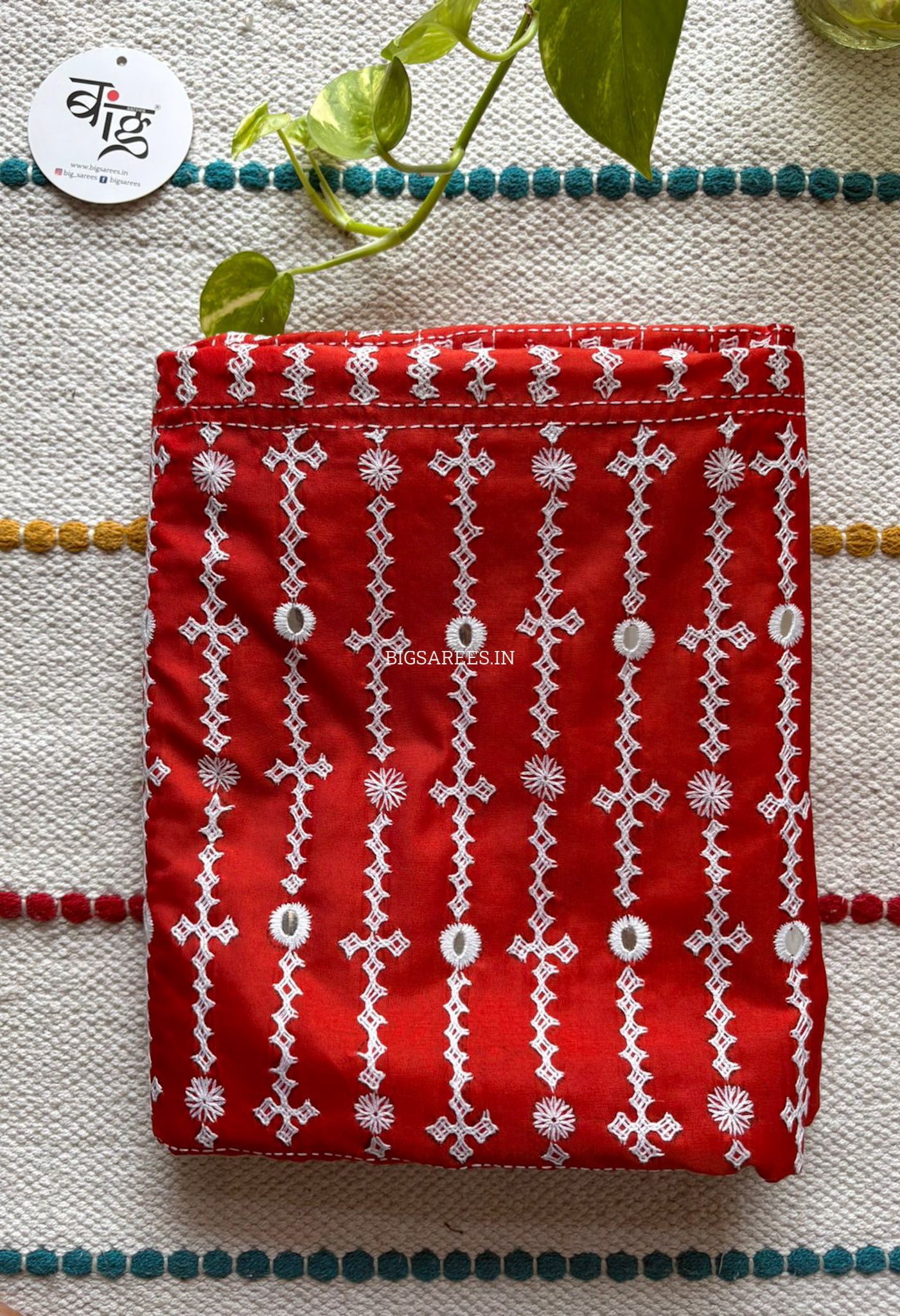 Kutchi/Gujarati Stitch Hand Embroidered Saree | Art Silk | Foil Mirror | Red