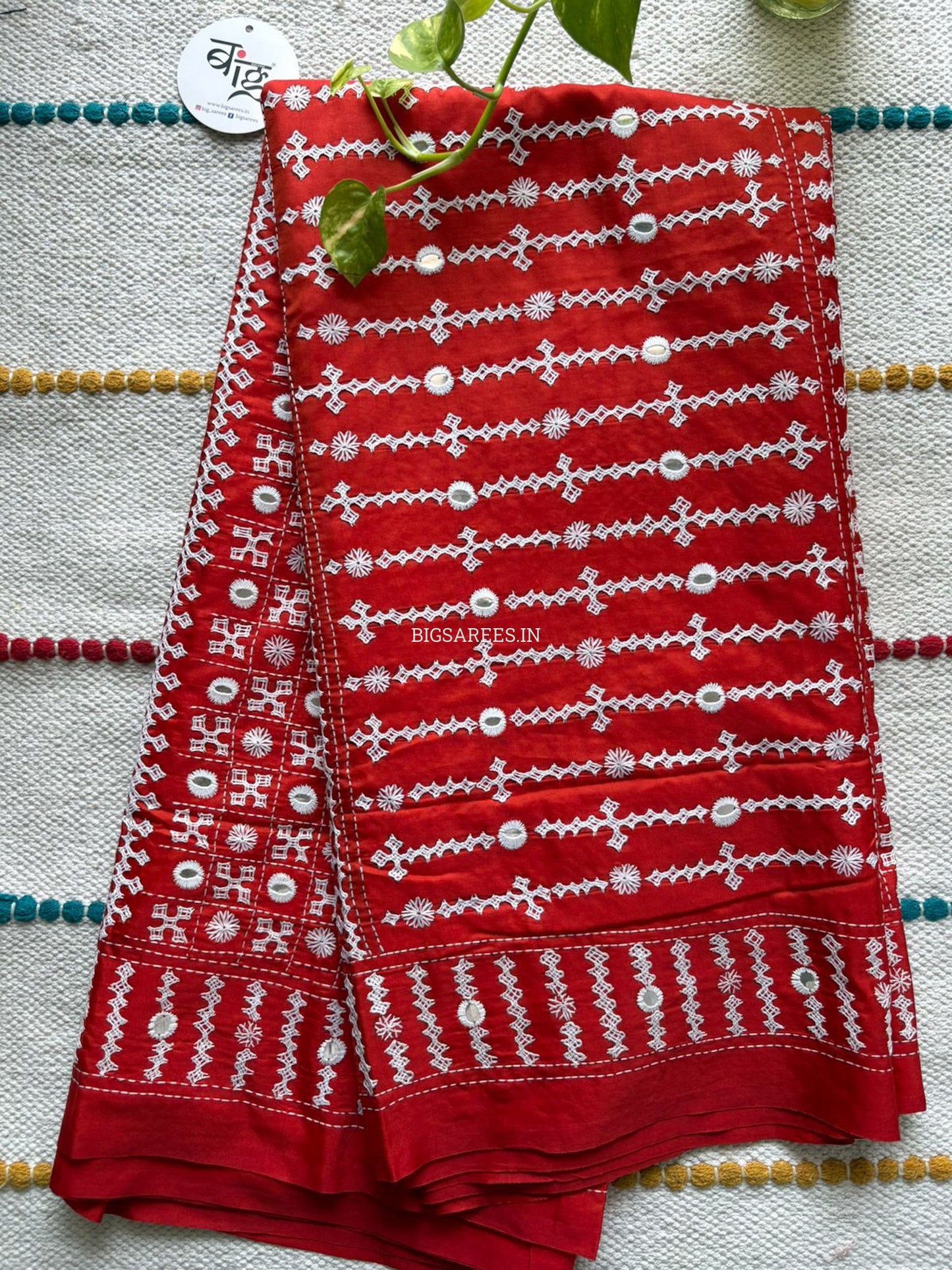 Kutchi/Gujarati Stitch Hand Embroidered Saree | Art Silk | Foil Mirror | Red