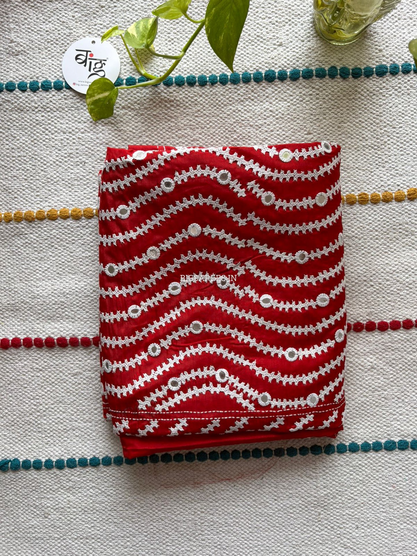 Kutchi/Gujarati Stitch Hand Embroidered Saree | Art Silk | Foil Mirror | Red
