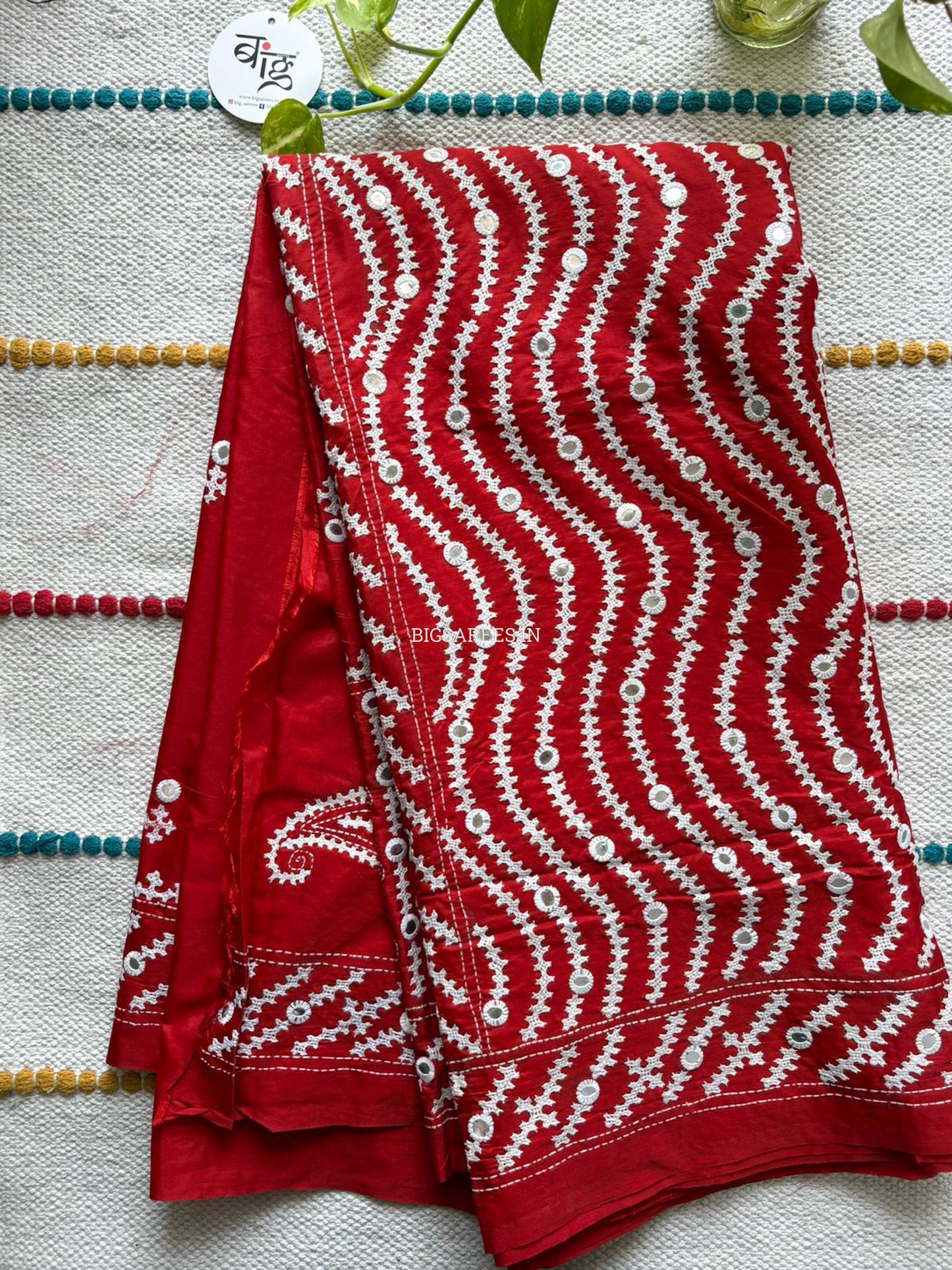 Kutchi/Gujarati Stitch Hand Embroidered Saree | Art Silk | Foil Mirror | Red