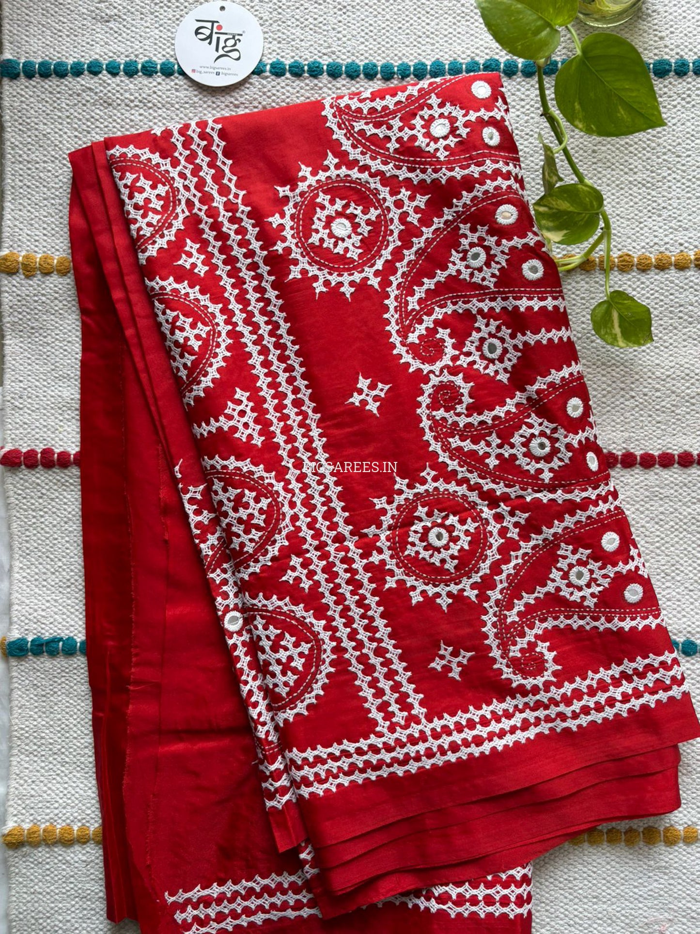 Kutchi/Gujarati Stitch Hand Embroidered Saree | Art Silk | Foil Mirror | Red