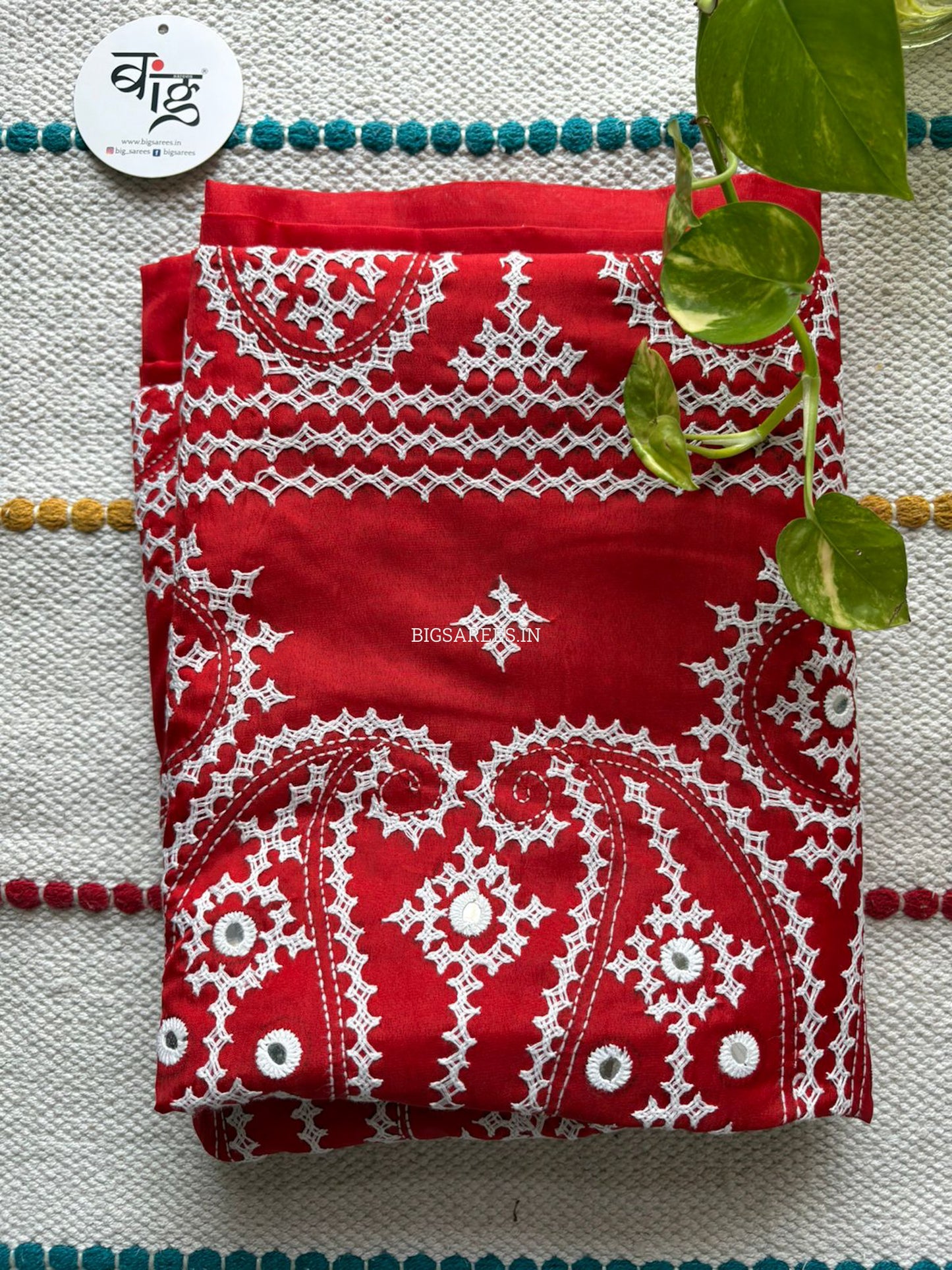 Kutchi/Gujarati Stitch Hand Embroidered Saree | Art Silk | Foil Mirror | Red