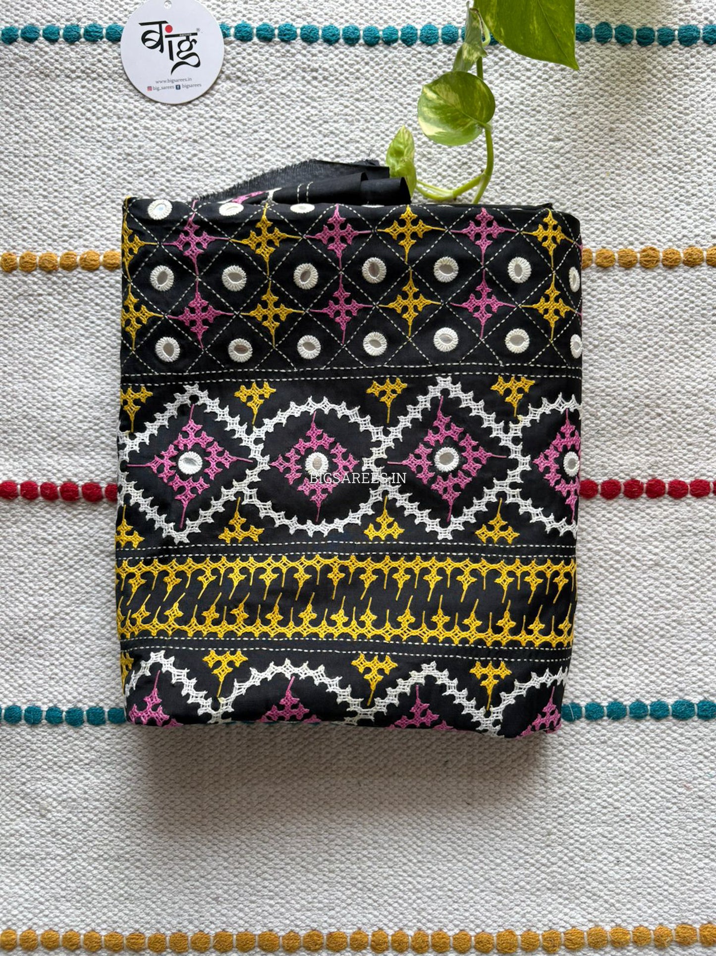 Kutchi/Gujarati Stitch Hand Embroidered Saree | Art Silk | Foil Mirror | Black