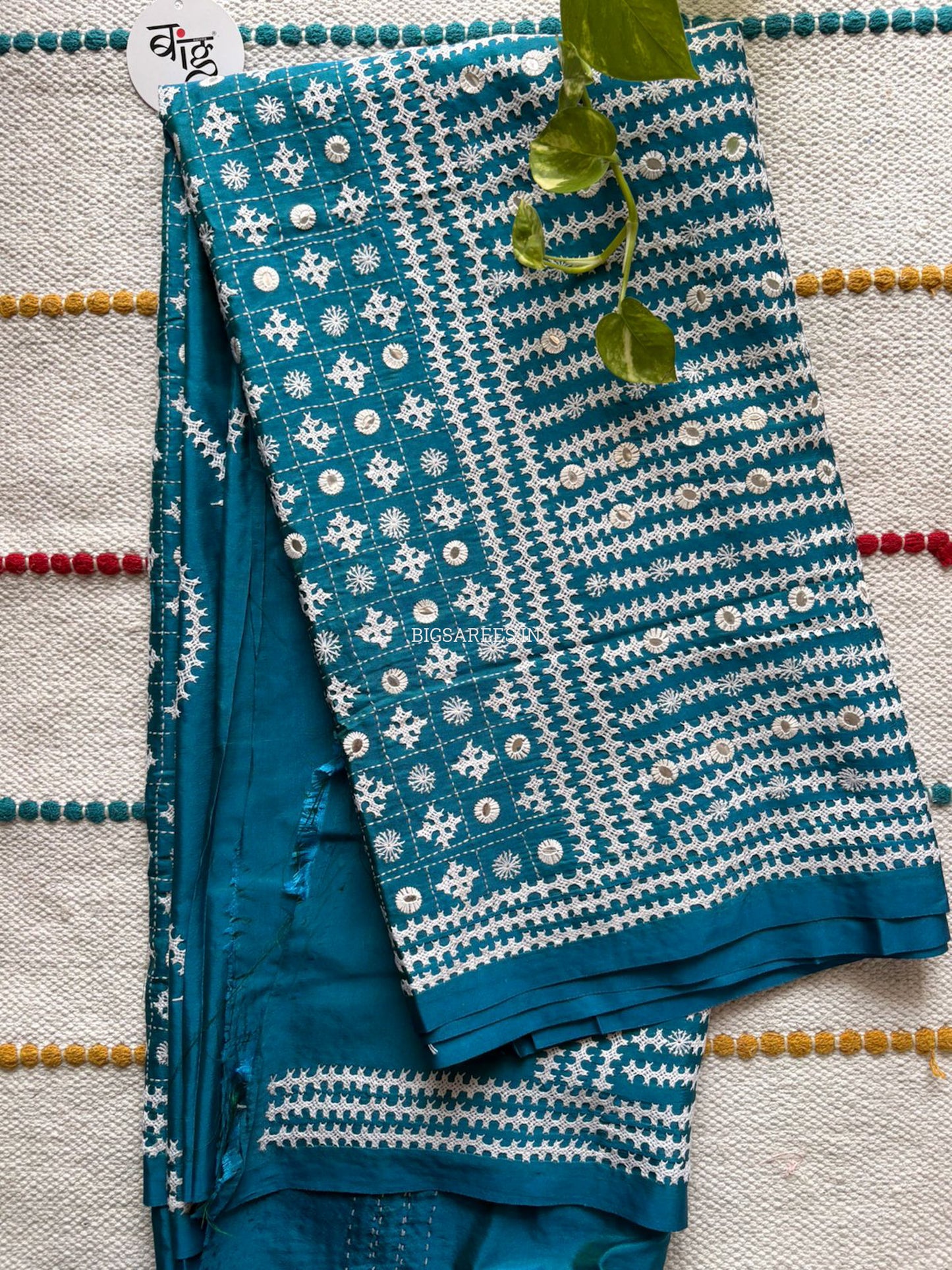 Kutchi/Gujarati Stitch Hand Embroidered Saree | Art Silk | Foil Mirror | Ultramarine Blue