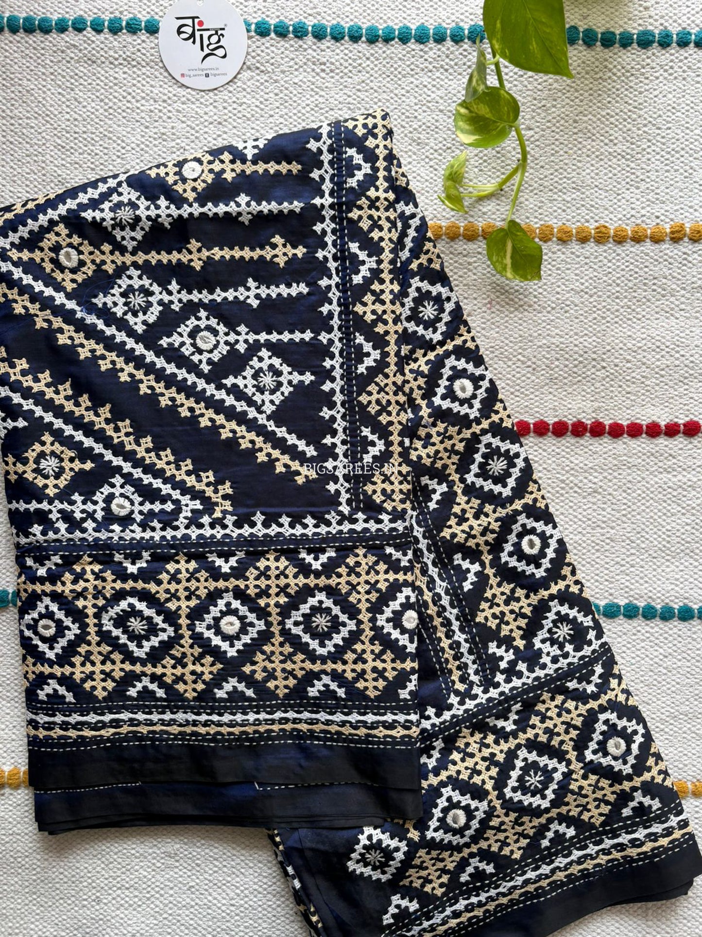 Kutchi/Gujarati Stitch Hand Embroidered Saree | Art Silk | Foil Mirror | Navy Blue