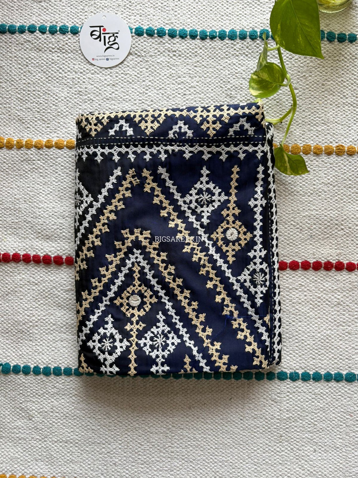 Kutchi/Gujarati Stitch Hand Embroidered Saree | Art Silk | Foil Mirror | Navy Blue