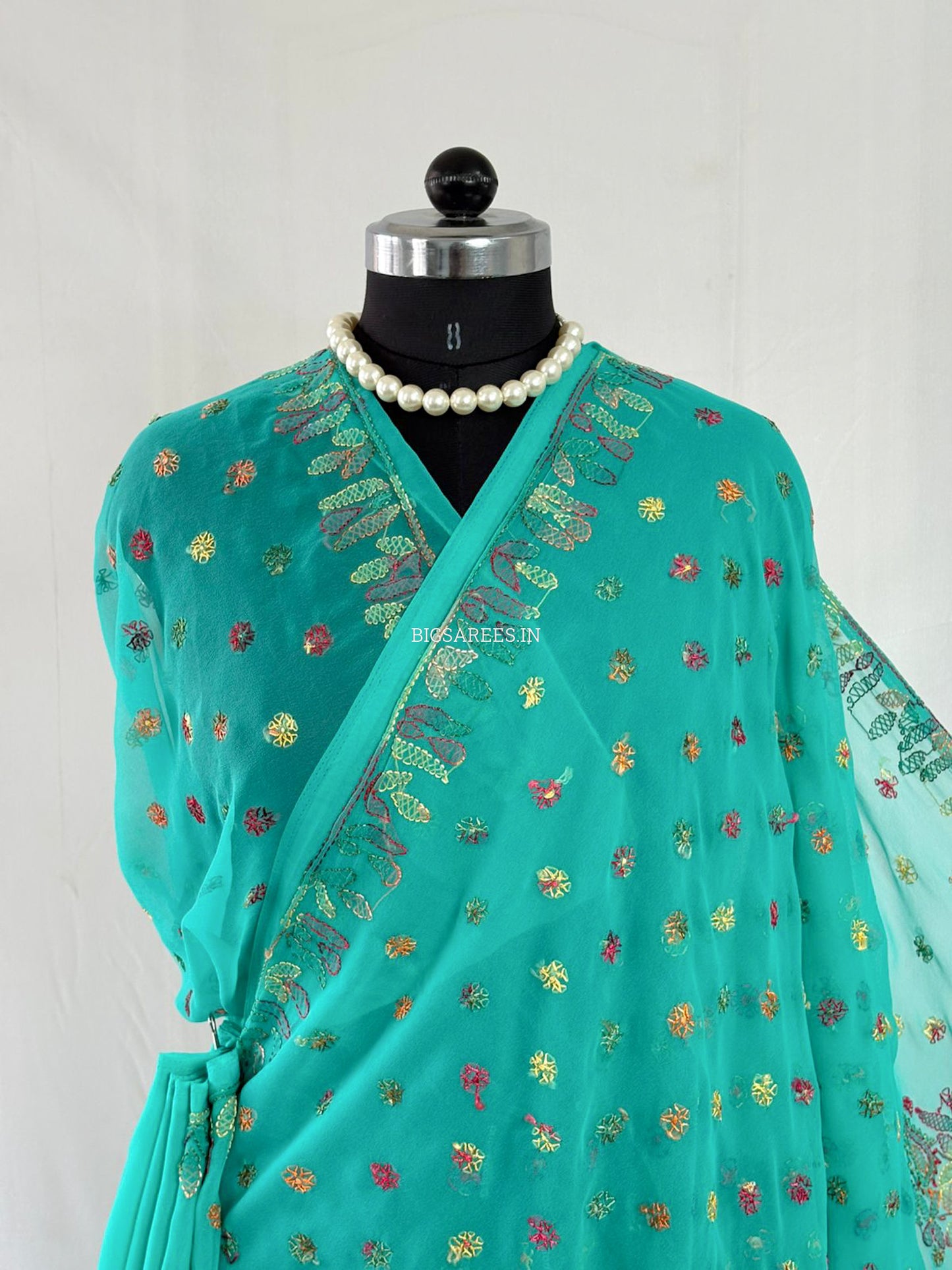 Chikankari Hand Embroidered Saree | Semi Georgette | Light Sea Green