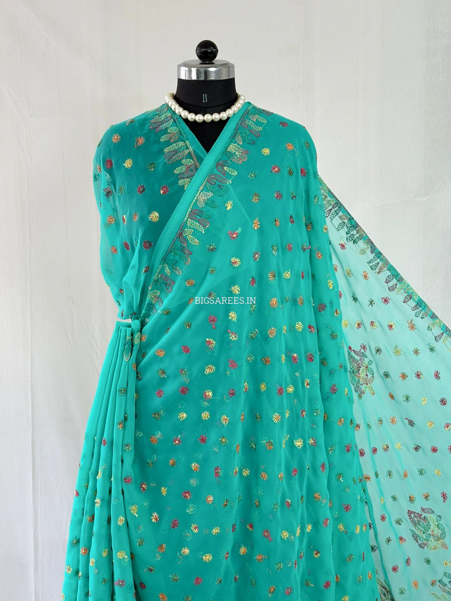 Chikankari Hand Embroidered Saree | Semi Georgette | Light Sea Green