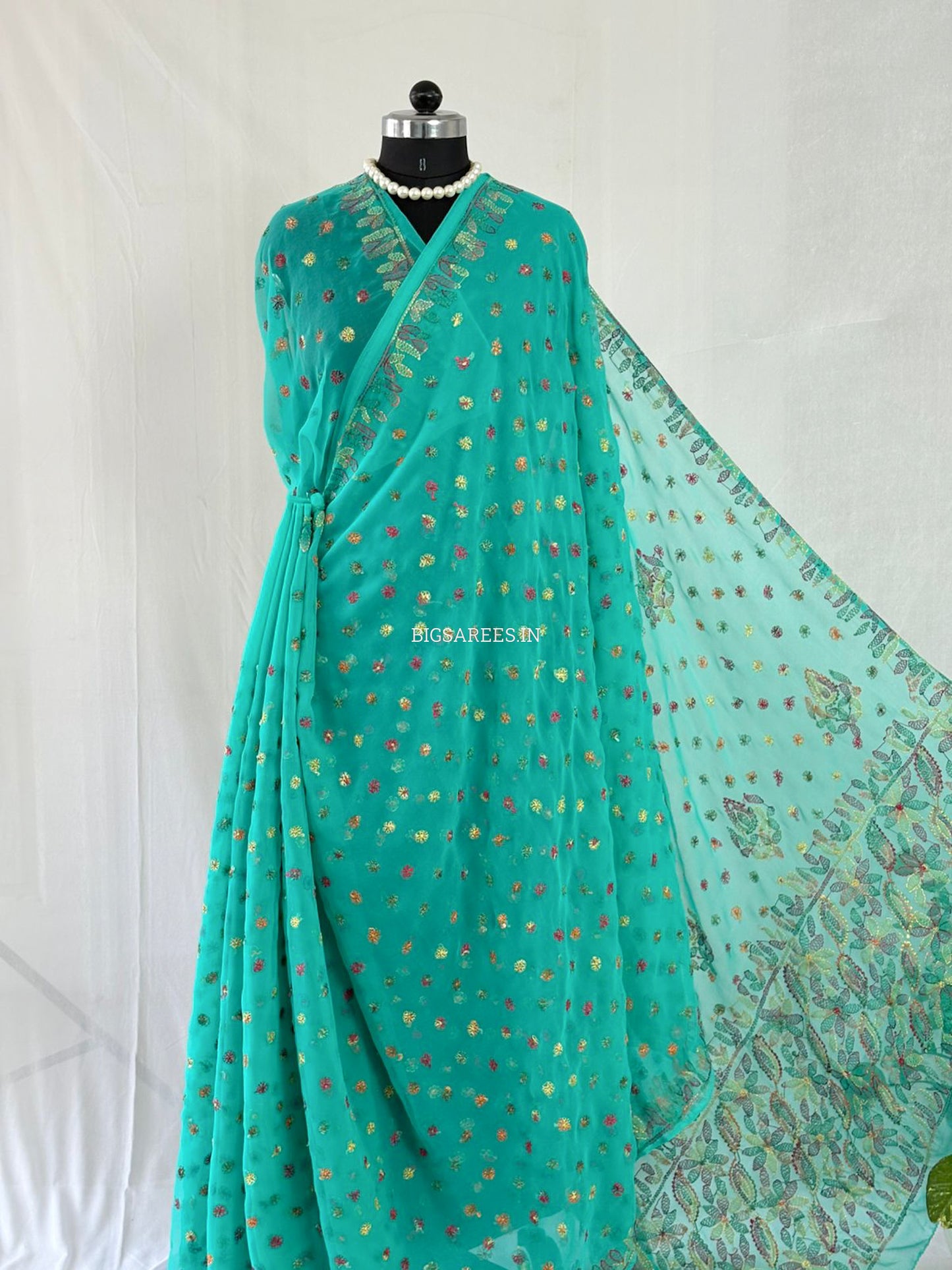 Chikankari Hand Embroidered Saree | Semi Georgette | Light Sea Green