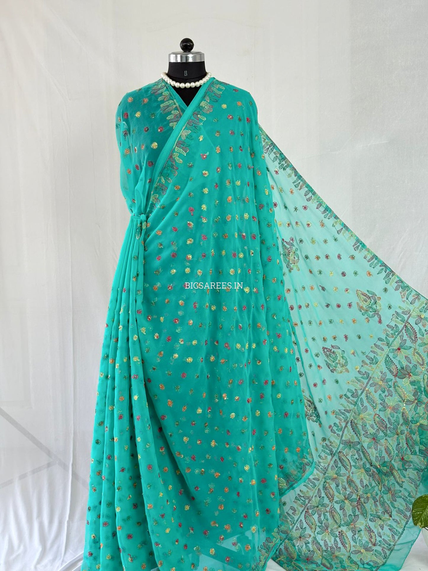 Chikankari Hand Embroidered Saree | Semi Georgette | Light Sea Green