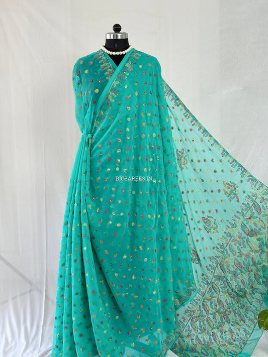 Chikankari Hand Embroidered Saree | Semi Georgette | Light Sea Green