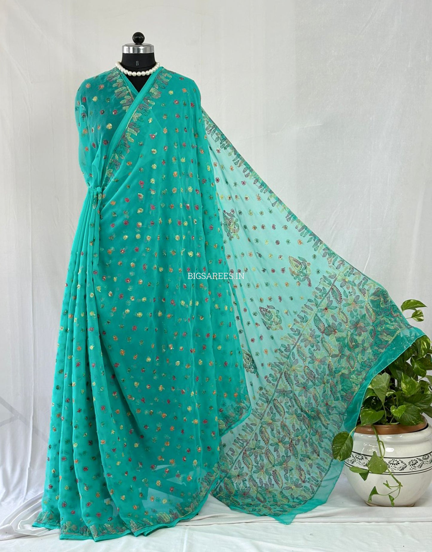 Chikankari Hand Embroidered Saree | Semi Georgette | Light Sea Green