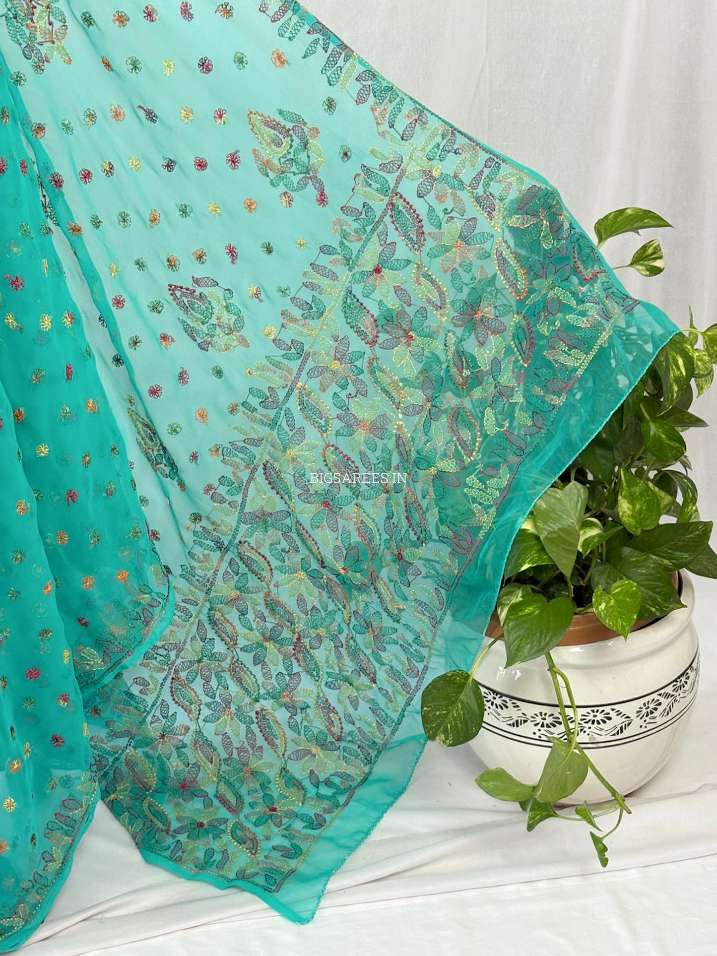 Chikankari Hand Embroidered Saree | Semi Georgette | Light Sea Green