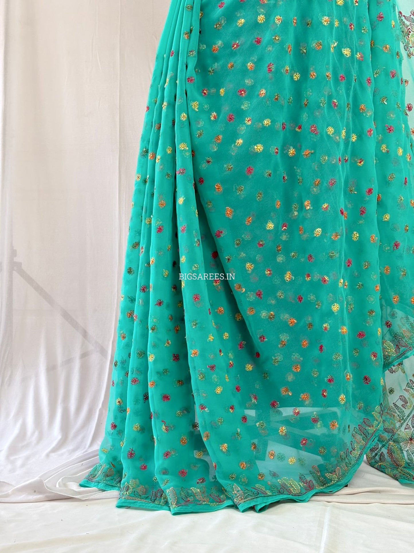 Chikankari Hand Embroidered Saree | Semi Georgette | Light Sea Green