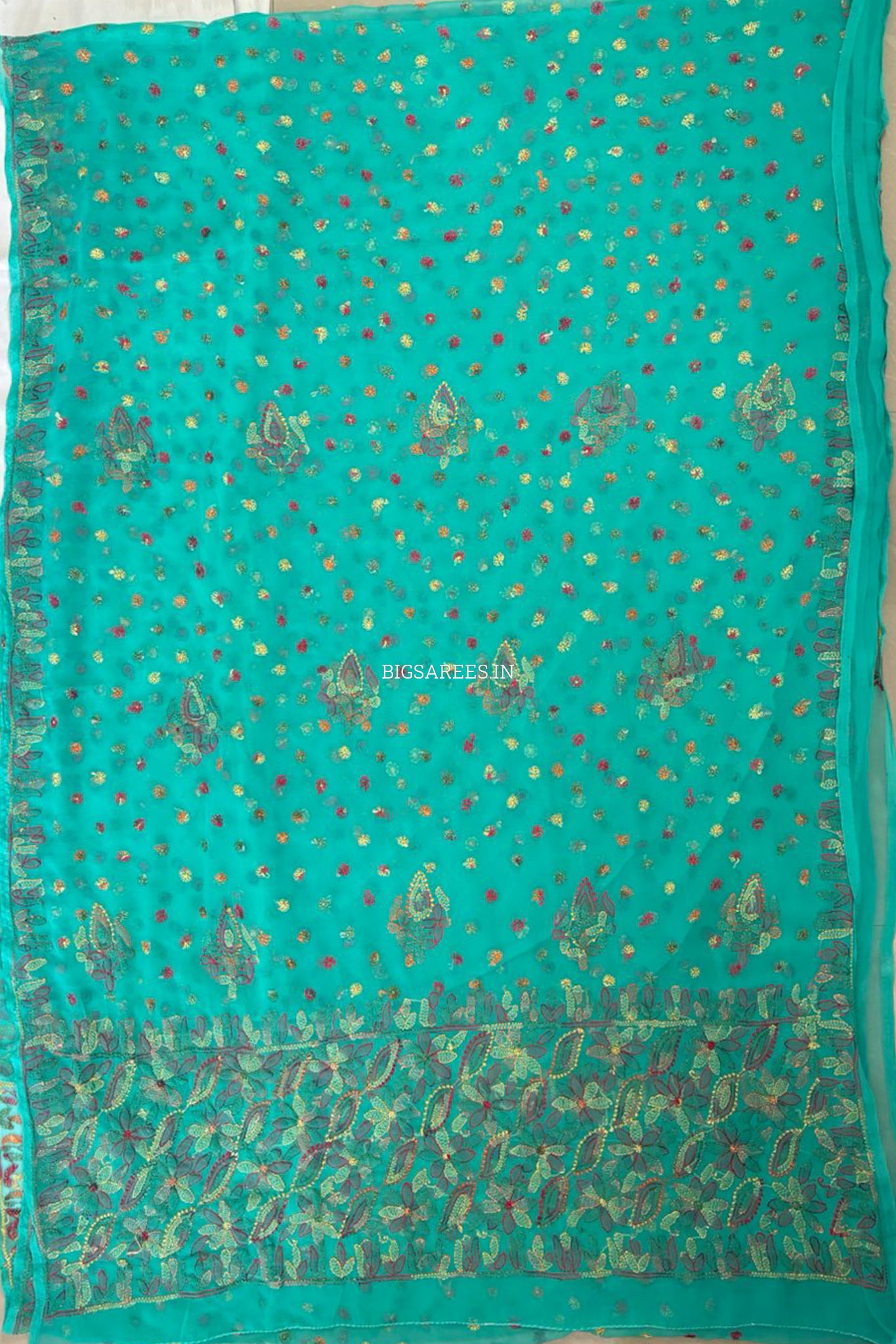 Chikankari Hand Embroidered Saree | Semi Georgette | Light Sea Green